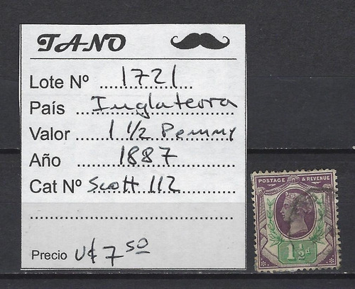 Lote1721 Inglaterra 1, 1/2 Penny Año 1887 Scott# 112 Usado