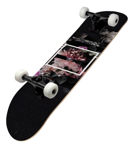 Patineta Profesional Musa Skateboards Madera De Maple Modelo Negro Flores Con Llantas Blancas Para Todos Los Niveles Y Edades De Patinadores 31x8 Pulgadas