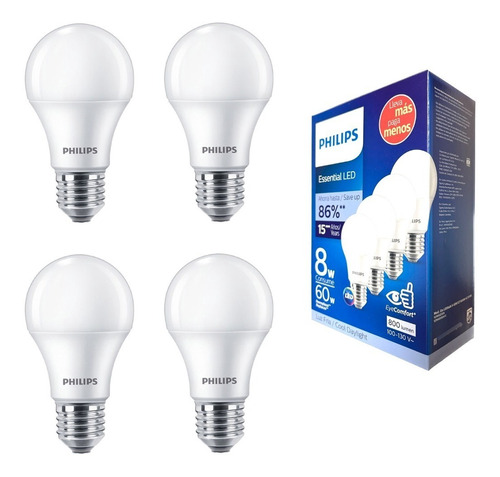 Paquete 4 Piezas Foco Philips 8w (60w) Led Luz Fria 6500k