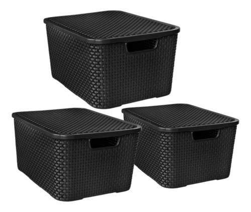 Kit 3 Caixas Organizadora Rattan Com Tampa 20 Litros Preto