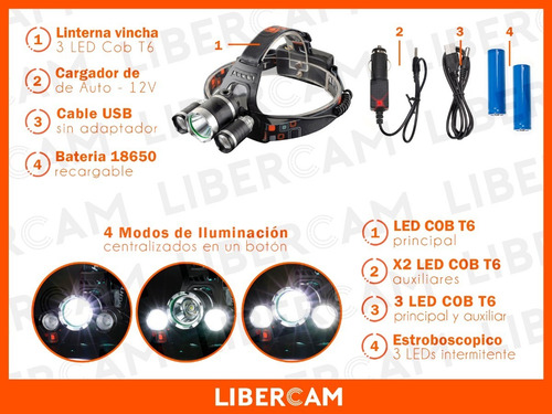Linterna Minero Led Cabeza Vincha 3 Led Batería Recargable