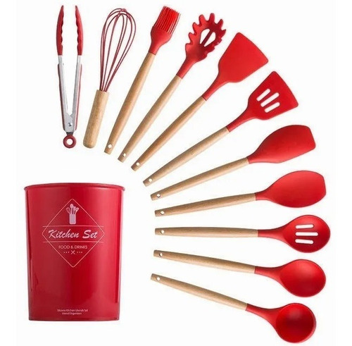 Kit 12 Utensílios Cozinha Silicone Madeira - Pronta Entrega