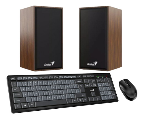 Kit Teclado Mouse Inalambrico Usb Y Parlantes Madera Genius