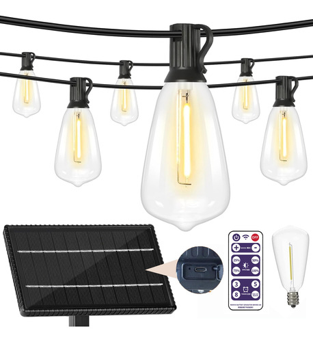 Cadena De Luz Solar 30+2 Foco Exterior Vintage Usb Carga 10m