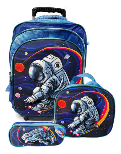 Kit Mochila De Rodinha Escolar 3d Menino Astronauta Infantil