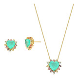 Set Aros Y Collar Oro 18k Corazón Turmalina 