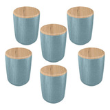 6x Porta Algodão Ceramica Azul Ou Osaka C/ Tampa De Bambu