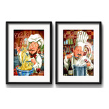 2 Quadros Cozinha Chefs Gourmet Retrô Decoração Com Paspatur