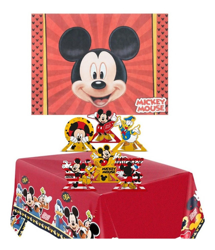 Kit Festa Mickey Mouse - Toalha, Painel E Decoração De Mesa