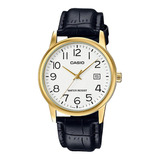 Reloj De Pulsera Casio Enticer Mtp-v002 De Cuerpo Color Dorado, Analógico, Para Hombre, Fondo Blanco, Con Correa De Cuero Color Negro, Agujas Color Dorado, Dial Negro, Minutero/segundero Negro, Bisel 