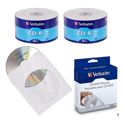 100 Discos Cd-r Verbatim 52x 700mb Con 100 Sobres de Papel | Envío gratis