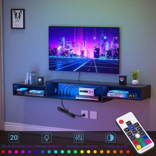 Estante De Television 70 De Pared Flotante Con 4 Conexiones Color Negro Led