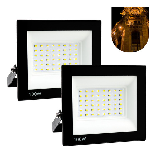 Kit 2 Refletor Led 100w Holofote Bivolt Prova D'água Quente Cor Da Carcaça Preto Cor Da Luz Branco-quente 110v/220v