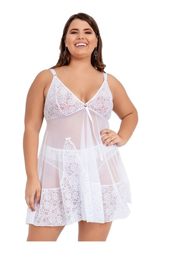 Camisola Plus Size Sexy Renda Tule Transparência C/ Calcinha