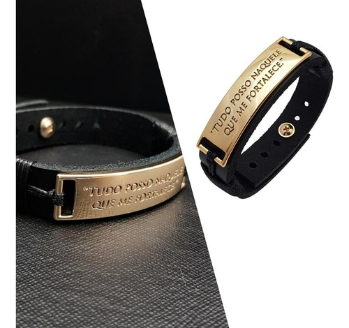 Pulseira Masculina De Couro Tudo Posso Dourado Gospel