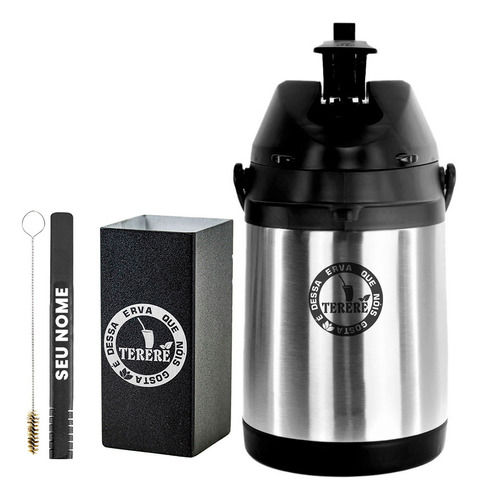 Kit Tereré Copo Bomba Preto Garrafa Térmica 2.5l Terere Logo