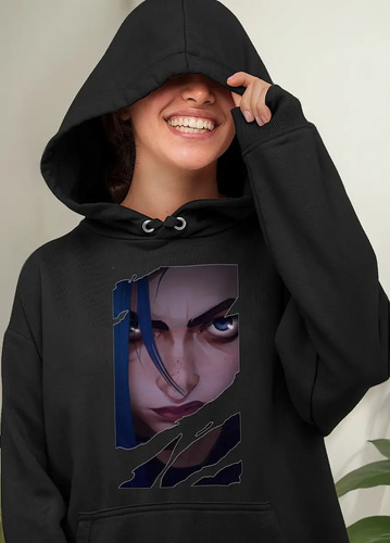 Sudadera Negra Jinx Ready Efecto Flamas Lol