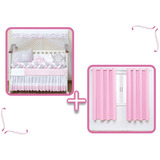 Kit Berço Nuvem Rosa Menina Protetor Estrela + Cortina Varão