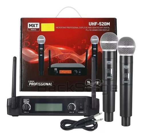 Microfone Sem Fio Duplo Mxt Uhf-520m 96 Canais Display Cor Preto