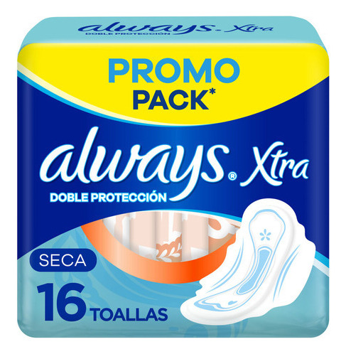 Always Xtra Doble Protección Seca Toallitas Femeninas, 16 Unidades