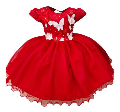 Vestido Infantil Vermelho C/ Renda Aplique Borboletas Flores