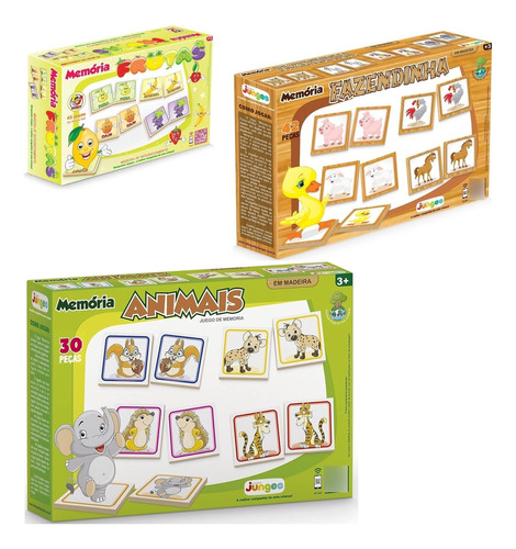 Kit Jogo Da Memória Em Madeira Animais + Frutas + Fazendinha