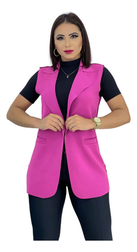 Colete Feminino Longo De Neoprene Alfaiataria Moda Social