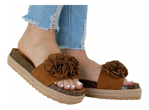 Sandalias Plataforma Yute Huarache Flores Camel Dama Mujer C