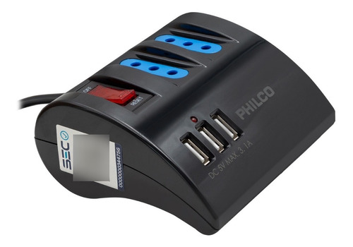 Alargador Philco Escritorio, 3 220v, 3 Usb Negro; Electrotom