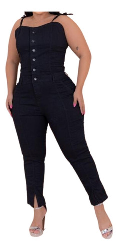 Jardineira Longa Plus Size De Alça Jeans Com Lycra