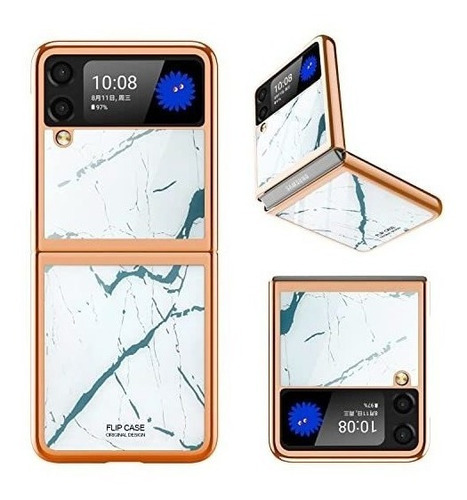 Funda Para Samsung Z Flip 3 Marmol Blanco C/marco Oro Rosa