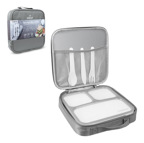 Redlemon Lonchera Térmica Tipo Bento Box De 3 Divisiones Y Sellado Hermético Antiderrames, Con Funda De Transporte Impermeable.  Ideal Para La Escuela O La Oficina