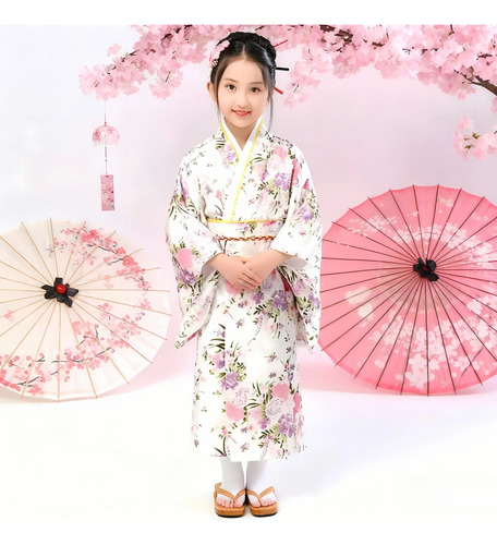 Kimono Tradicional Japonés Infantil Con Flores Para Niñas