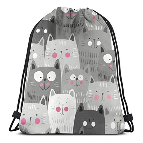 Mochila Con Cordón, Bolsa Con Patrón De Gato, Resistente Al 