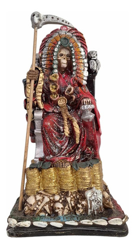 Santa Muerte Azteca Roja Con Penacho En Trono 32 Cm Curada