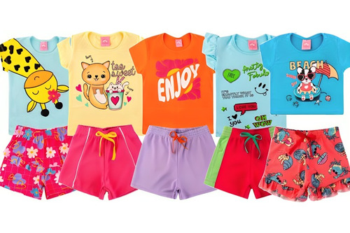 Kit 8 Peças 4 Blusas + 4 Shorts Menina Bebe Verão Barato Top