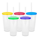 10 Vasos Reusables Con Tapa De Colores Y Popote 650 Ml