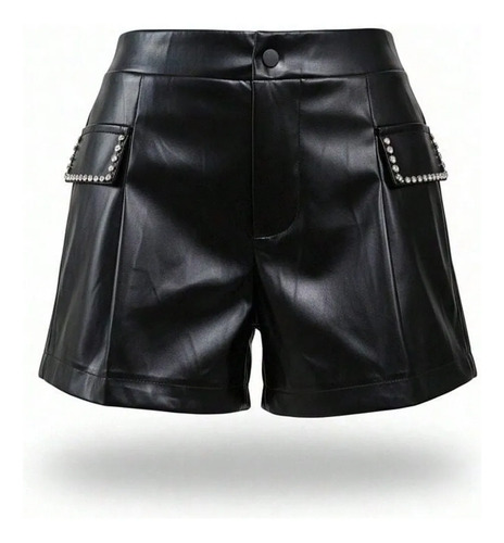 Pantalones Cortos Negros De Piel Sintética De Cintura Alta P