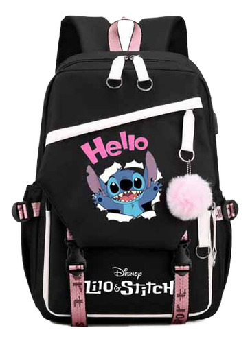 Nueva Mochila Lilo And Stitch De Gran Capacidad Negra Y Rosa