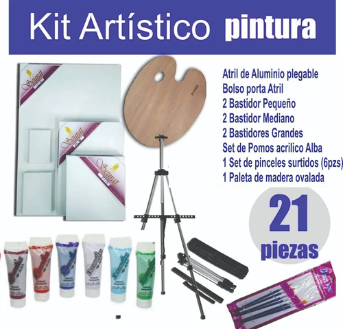 Kit Atril Metal 7 Bastidor Oleos O Acrilicos Pinceles Paleta