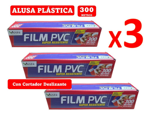 Pack De 3 Film Pvc Alusa Plastica 300 Metros X3 Con Cortador