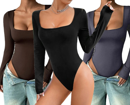 3 Pcs Blusas De Mujer De Moda Top Body Mono De Manga Larga