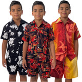 Kit 2 Conjunto Masculino Infantil Camisa Floral Shorts Praia