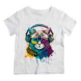 Camiseta Infantil Bco Gato Oculos Fone De Ouvido Fofo Colori