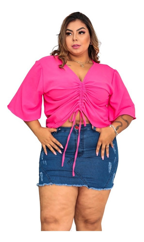 Cropped Plus Size Feminino Manga Flare Decot Corda Ajustavel