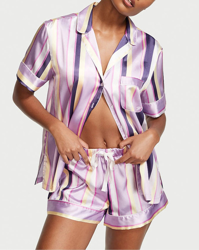 Pijama Victorias Secret De Seda Short Pj Set Lilac Listrado