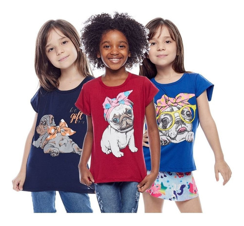 Kit 7 Blusas Baby Look Infantil Menina Estampada Atacado