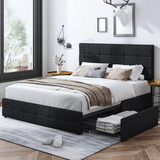 Base De Cama Matrimonial Tapizada Negra 4 Cajones Keyluv