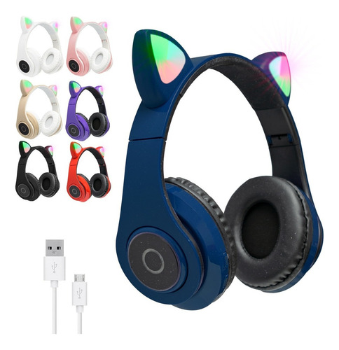 Auriculares Oreja De Gato Gamer Bluetooth Luz Led Neko Usb Color Marrón