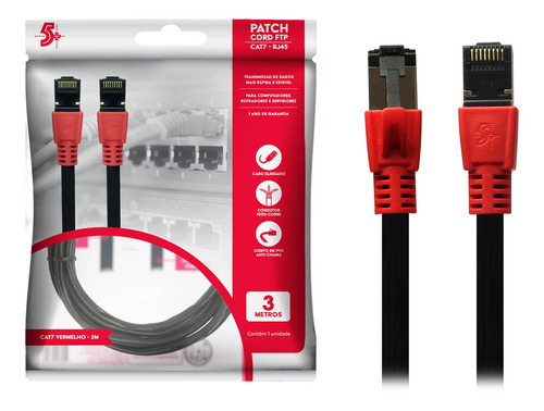 Cabo Rede Patch Cord Cat7 3m Vermelho - Ftp 600 Mhz/ 10gbps